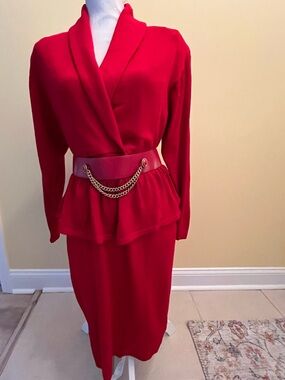 St. John Vintage 80s Red Dress with Peplum Leather Chain and Buttons Velcro Belt